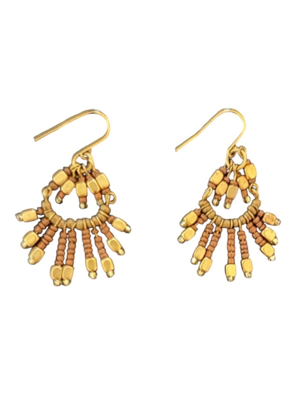 Pierced earrings, Bohemian style design. Tiered fringe w/gold and brown beads